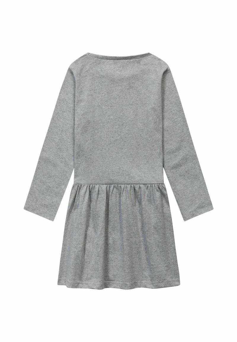 Abito grigio chiaro a maniche lunghe con gonna arricciata e scollo rotondo, esposto piatto da dietro su uno sfondo bianco.