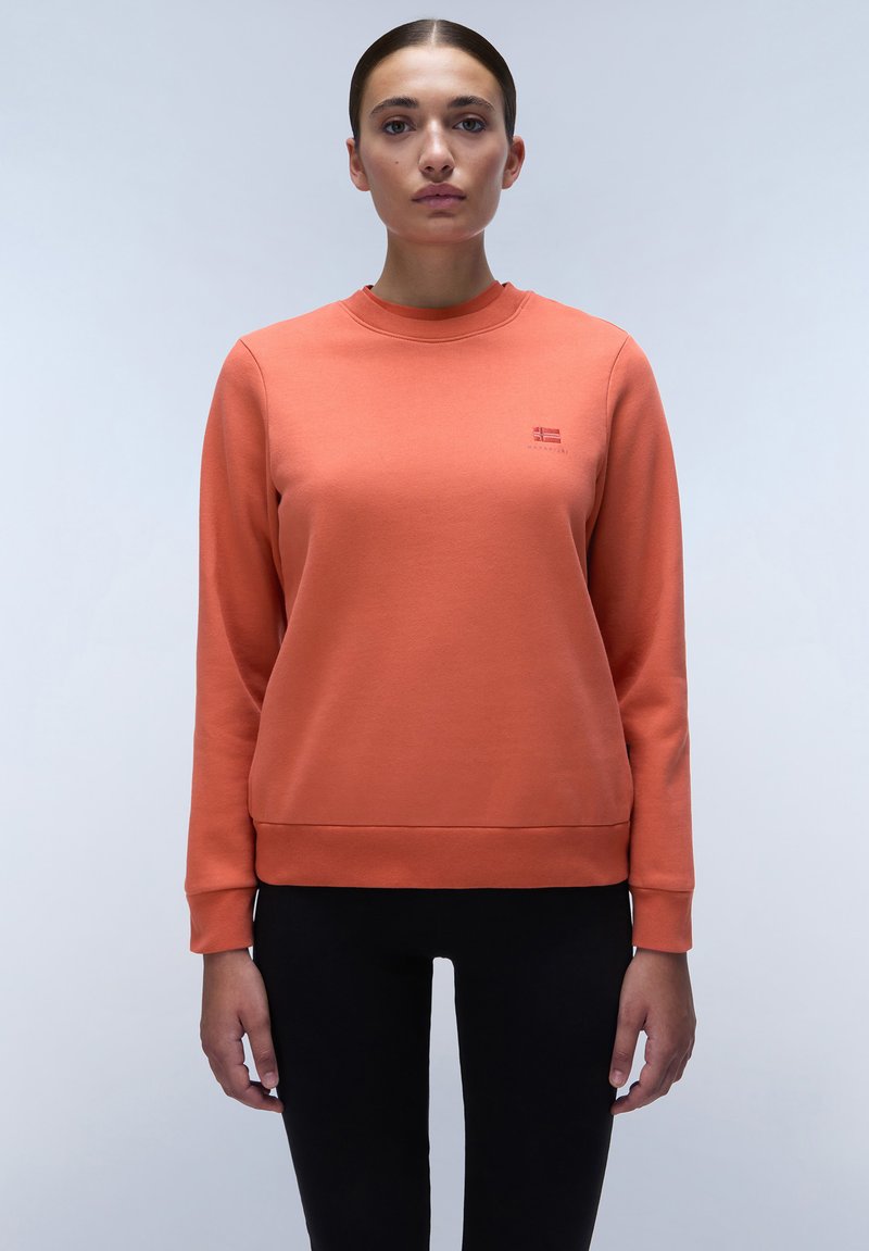 Oranje katoenen sweatshirt met een ronde halslijn, lange mouwen en geribbelde manchetten. Bevat een klein logo in de linkerbovenhoek.