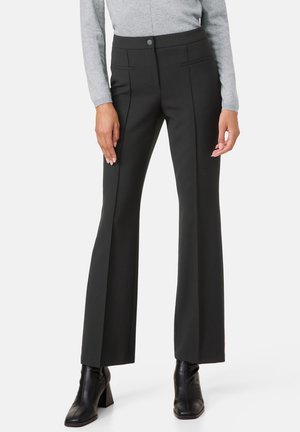 Black flared trousers with a smooth texture, featuring side pockets, front seams, and a button closure at the waist. Styled with a gray top.