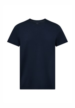 Marineblå T-shirt med kortærmer lavet af bomuld, med rund halsudskæring og en klassisk pasform med ensartet tekstur. Ingen grafiske designs eller mønstre.