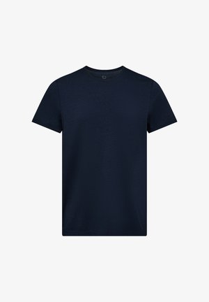 Marineblå T-shirt med kortærmer lavet af bomuld, med rund halsudskæring og en klassisk pasform med ensartet tekstur. Ingen grafiske designs eller mønstre.