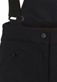 Schwarze Latzhosen mit verstellbaren Trägern, einem Druckknopf und einer Reißverschlusstasche für sicheren Stauraum, aus einem strapazierfähigen, glatten Stoff gefertigt.