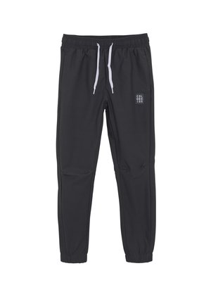Zwarte sweatpants met een elastische tailleband en witte trekkoorden. Heeft een klein logo op het bovenste deel van het linkere been en taps toelopende boorden.