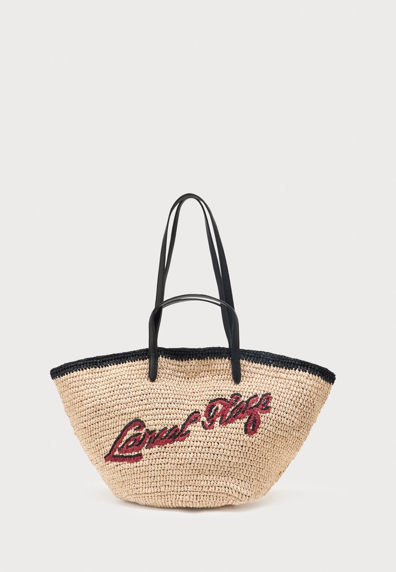 Μπεζ υφασμάτινη τσάντα ώμου με μαύρο περίγραμμα και λαβές, με κόκκινο κείμενο σε καλλιγραφία "Local Vibe" κεντημένο στο μπροστινό μέρος.