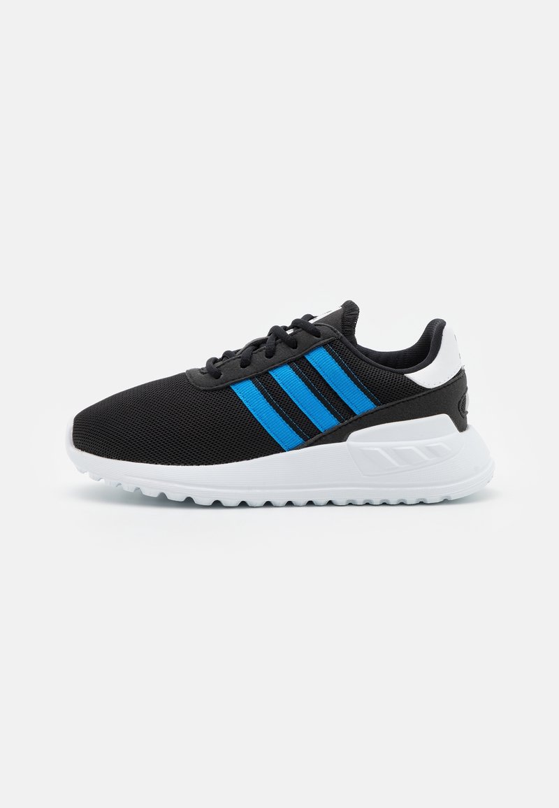 Black athletic shoes with three blue stripes, mesh upper, white sole, rounded toe, and padded collar for comfort and support.