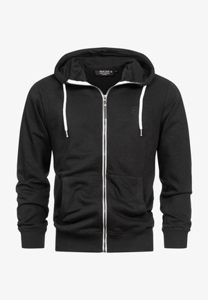 Svart hettegenser med glidelås laget av bomull, med snøring i hetta, frontlommer, ribbestrikkede mansjetter og diskret logodetalj.