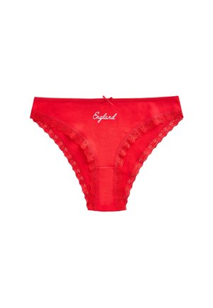 Red women's lace trim panties with small bow at waistband and "England" text embroidered at front center.