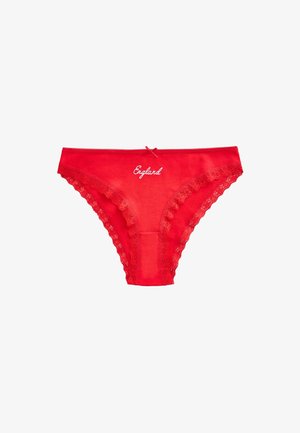Culotte rouge pour femme avec bordure en dentelle, petit nœud à la taille et texte brodé "England" au centre devant.