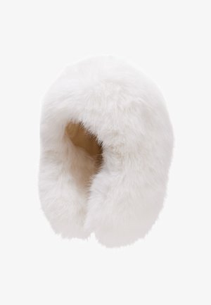 Bílý nákrčník z umělé kožešiny s jemnou, nadýchanou strukturou. Má zaoblený, otevřený design pro snadné nošení. Vnitřní podšívka je béžová.