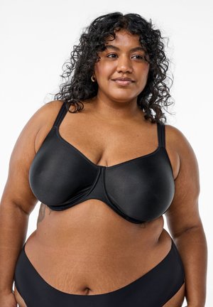 Black underwire bra with smooth, matte fabric; features adjustable straps, a curved shape, and a central seam detail.