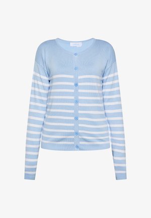 Lyseblå cardigan med hvide horisontale striber, lange ærmer, rund halsudskæring og blå knapper foran.