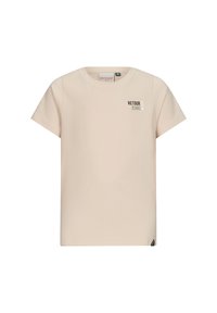 Maglietta in cotone beige chiaro a maniche corte, con scollatura rotonda e logo stampato "RETOUR JEANS" in colori scuri sul davanti.