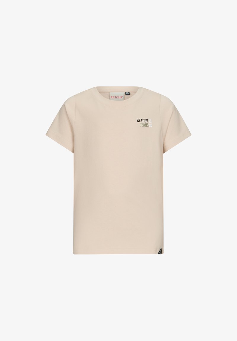 Jasno beżowa bawełniana koszulka z krótkim rękawem, okrągłym dekoltem i nadrukowanym logo "RETOUR JEANS" w ciemnych kolorach z przodu.