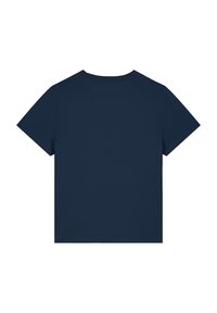 Donkerblauwe T-shirt met korte mouwen en een ronde halslijn, met een gladde stofstructuur en zonder ontwerpen of accenten op de achterkant.