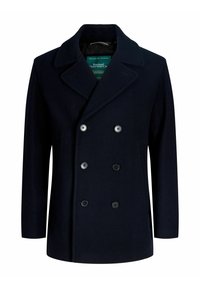 Marineblauwe dubbelrijige jas van wol, met grote zwarte knopen en een reverskraag. Soepele textuur, slim fit.