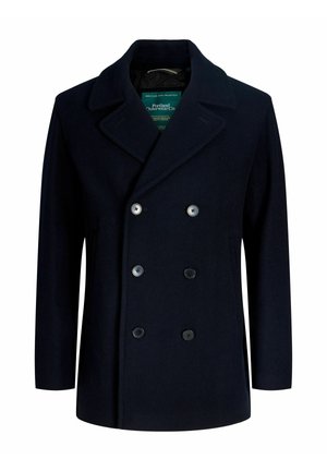 Abrigo cruzado de color azul marino hecho de lana, con grandes botones negros y cuello con muesca. Textura suave, corte ajustado.