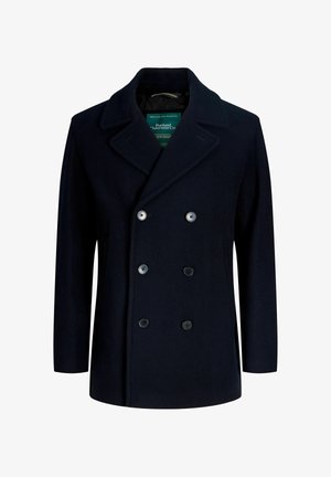 Tums zila divkrūšu vilnas mētelis ar lieliem melniem pogām un izgrieztu apkakli. Gluda tekstūra, pielāgota griezuma.