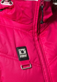 Jasnoróżowa ocieplana kurtka z pikowaną teksturą, z zamkiem błyskawicznym, kapturem ze sznurkiem oraz czarną i srebrną naszywką z logo.