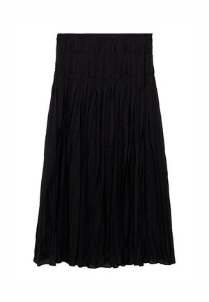 Black pleated skirt with a textured finish, featuring an elastic waistband for comfort and a flowy, knee-length design.