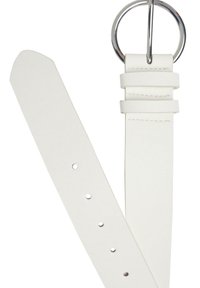 Valge nahast vöö sileda tekstuuriga, millel on suur metallist D-kinnitus ja mitmed reguleeritavad augud. Minimalistlik disain.