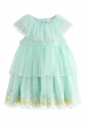 Light blue layered tulle girls' dress with ruffled collar, gold floral embroidery, and scalloped hem with silver and gold sequins.