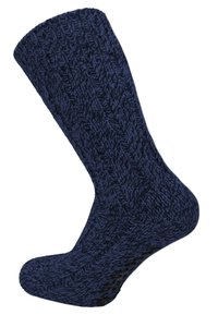 Dunkelblaue gestrickte Socke mit geripptem Design, Knöchelhöhe, ausgestattet mit rutschfesten schwarzen Gummidots auf der Sohle für besseren Halt.