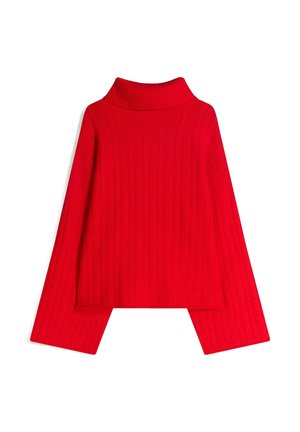 Punainen neulepusero, jossa on korkea kaulus ja ribbikuvio, leveät hihansuut ja lyhyt muotoilu. Pehmeä kangas. Ei kiinnityksiä.