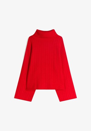 Pulover roșu tricotat, cu guler înalt și textură cu nervuri, având mâneci largi și un design scurt. Material moale. Fără închideri.