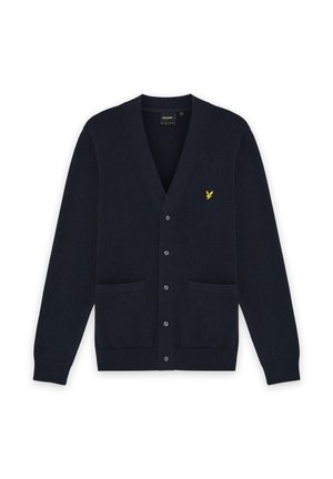 Marineblauwe cardigan met knopen, een V-hals, twee voorzakken, geribbelde manchetten en een klein geel geborduurd vogellogo op de linkerborst.