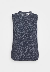 Marinblus utan ärmar med vitt blommönster, rund halsringning och veckad detalj fram. Lättviktsmaterial med mjuk yta.
