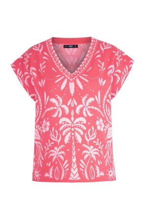 Rožinė megzta trumpomis rankovėmis palaidinė su V formos iškirpte, visame audinyje baltos tropinių palmės ir gėlių raštai.