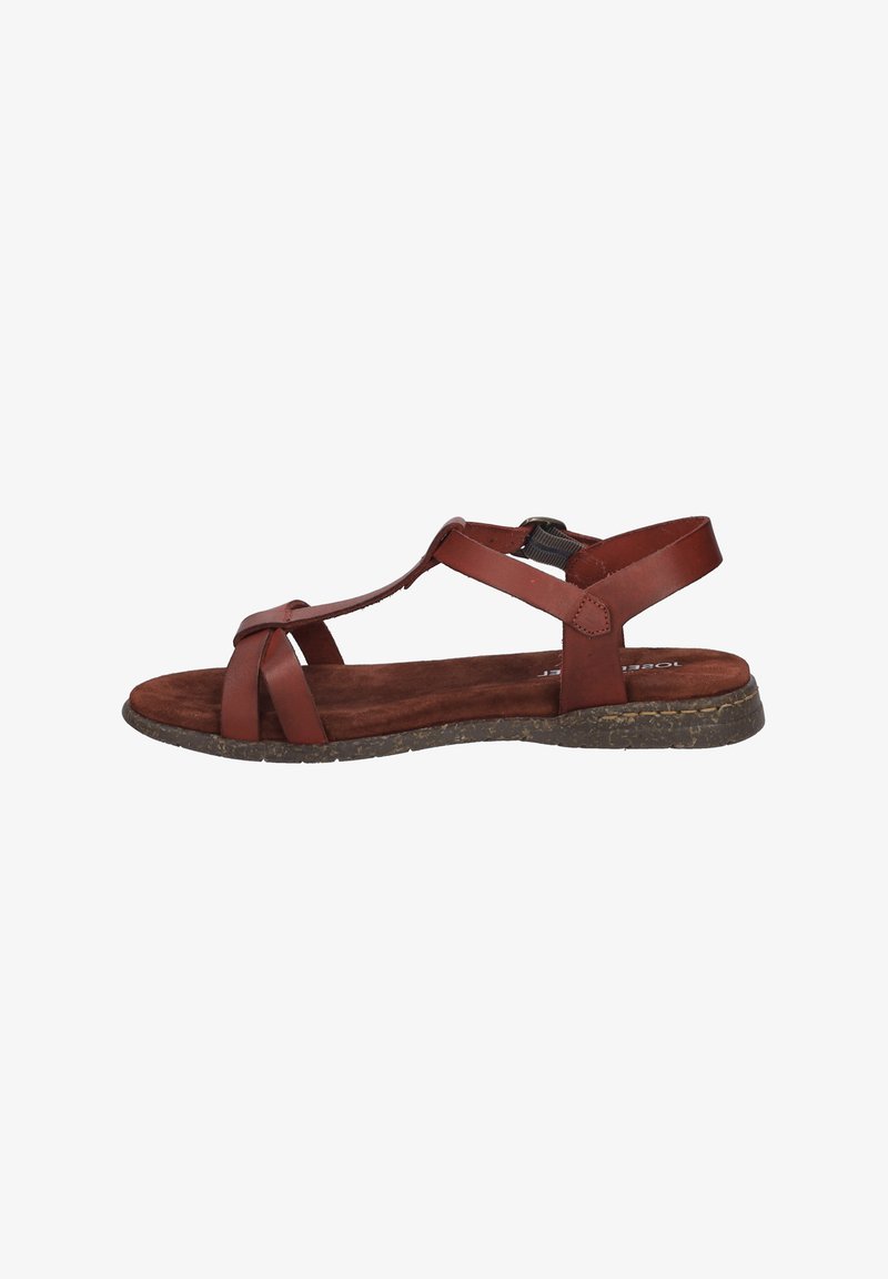 Sandalo in pelle marrone con soletta in suede, caratterizzato da cinturini incrociati e una cinghia alla caviglia regolabile, montato su una suola in gomma texturizzata.