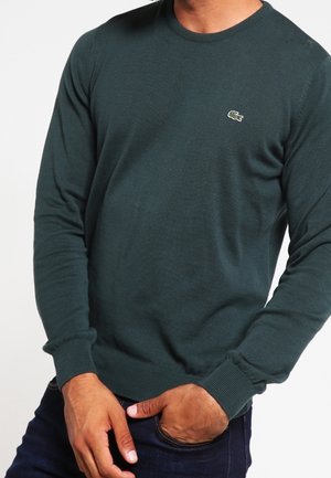 Homme portant un pull à manches longues vert foncé avec un petit logo crocodile sur la poitrine, la main reposant dans la poche d’un jean bleu foncé.