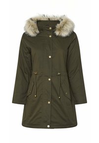 Olivgrön parka-jacka med foder av päls i huvan, tryckknappsstängning, två framfickor och dragsko i midjan för justerbar passform.