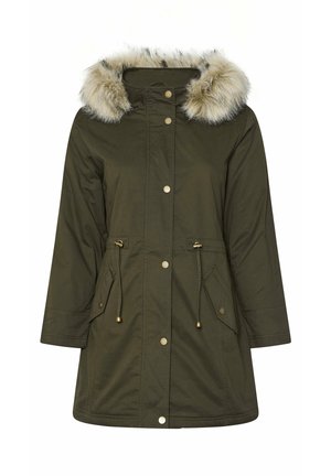 Olivenfarvet parka-jakke med en hætte pyntet med pels, trykknaplukninger, to forlommer og taljebånd for justerbar pasform.