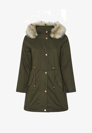 Parka olive verte avec capuche en fourrure, fermetures à boutons-pression, deux poches avant et taille ajustable avec cordon.