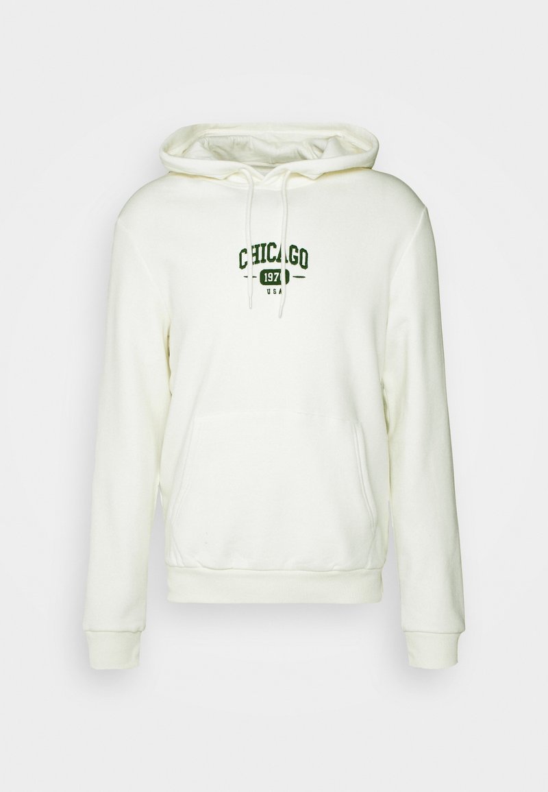 Sudadera con capucha blanca hecha de mezcla de algodón, con un bolsillo delantero, capucha con cordón y el texto verde impreso "Chicago 1977 USA".