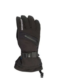 Guanti impermeabili neri con design a tre dita, cinturino regolabile, tasca con zip e rinforzo nella zona del palmo per durata e calore.