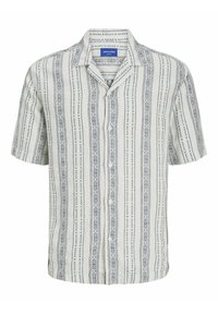 Chemise à manches courtes en tissu gris clair avec des motifs verticaux bleus. Présente un col en V et une fermeture à boutons. Fini texturé.