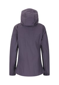 Paarse lichtgewicht jacket met capuchon, lange mouwen, elastische cuffs en een licht gebogen zoom, getoond vanaf de achterkant.