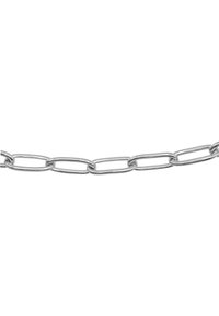 Catena in metallo argentato con anelli ovali allungati e finitura lucida, che presenta una spaziatura uniforme e una texture liscia in tutto.