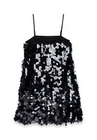 Must musta lõhkumatu minikleidi, millel on õhukesed rihmad ja mis on kaetud suurte läikivate mustade ja hõbedaste litritega üle kogu pinna.