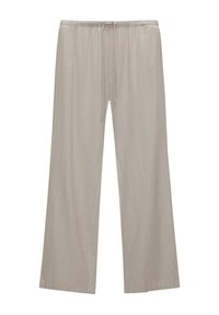 Pantalons larges gris clair fabriqués à partir d'un matériau doux et respirant. Dotés d'une taille élastique avec un cordon de serrage pour un ajustement ajustable.