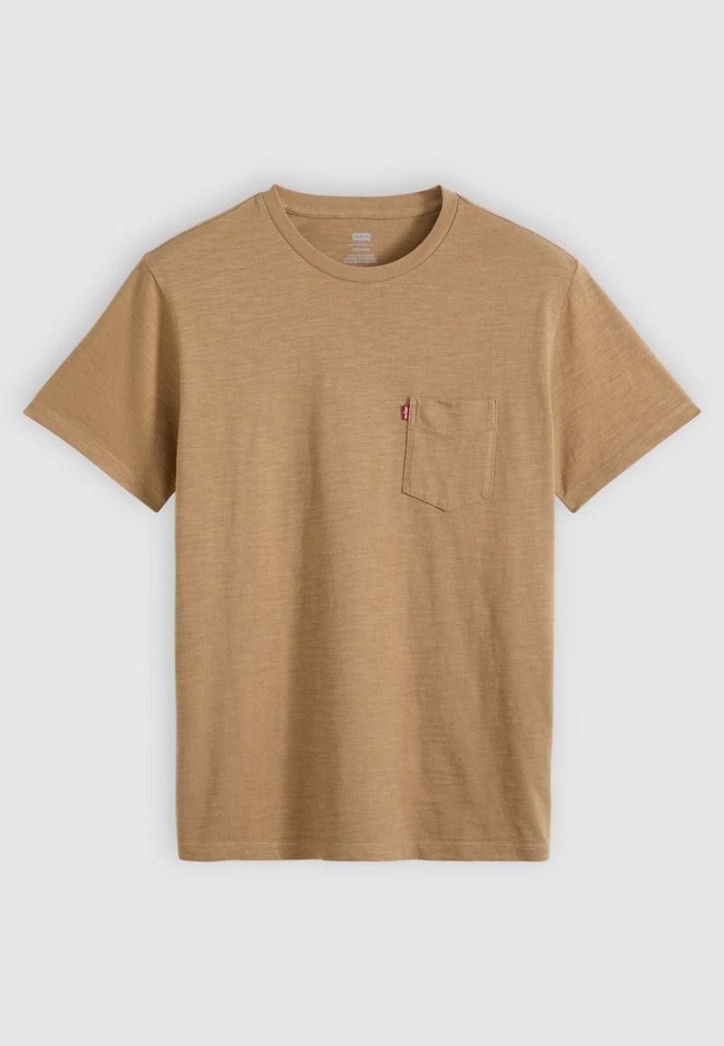 Plain light brown short-sleeve crew neck T-shirt with a left chest pocket and small red tag on pocket edge, laid flat on a light background.