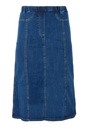 Denim rok met elastische tailleband, knielang, in donkerblauw. Beschikt over verticale stiksels en zijzakken. Soepele textuur.