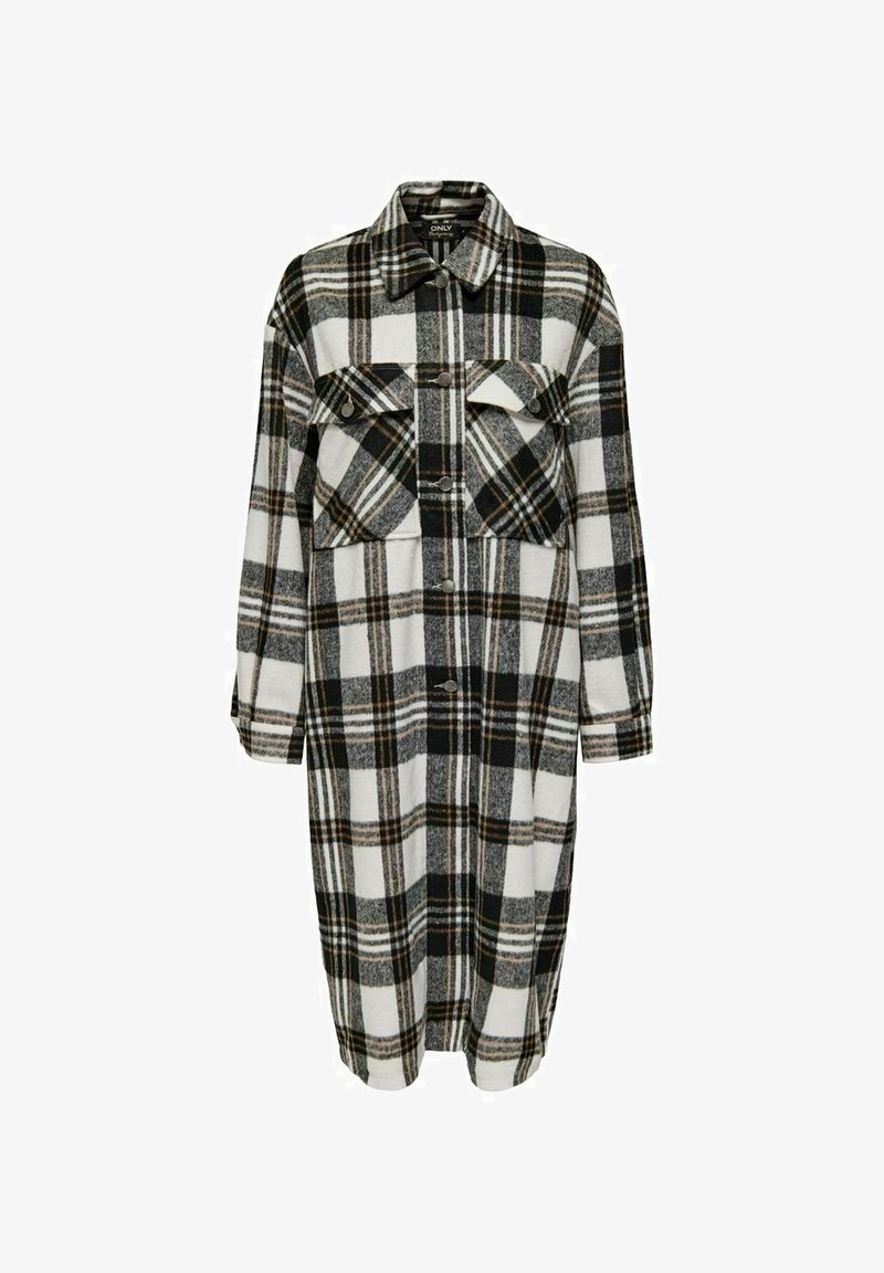 Long manteau à carreaux noir, blanc et marron avec fermeture à boutons, deux poches avant à rabat et un col classique.