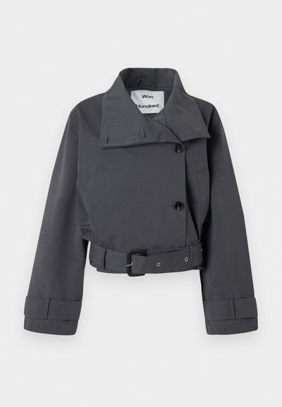 Veste cropped gris charbon avec un grand col, fermeture à double boutons, poche latérale et taille ceinturée. Texture lisse.