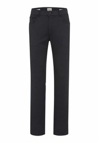 Zwarte broek met een rechte pijpdesign, gemaakt van textuurstof. Voorzien van zijzakken en een knoopsluiting bij de taille.