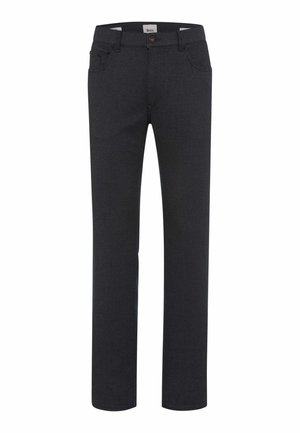 Schwarze Hosen mit geradem Bein-Design, aus strukturiertem Stoff. Sie besitzen Fronttaschen und einen Knopfverschluss an der Taille.