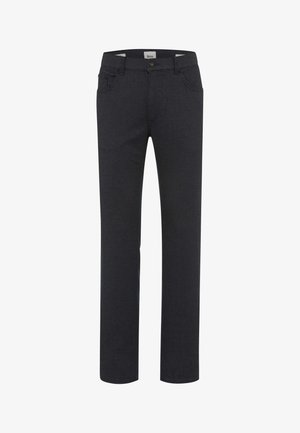 Schwarze Hosen mit geradem Bein-Design, aus strukturiertem Stoff. Sie besitzen Fronttaschen und einen Knopfverschluss an der Taille.